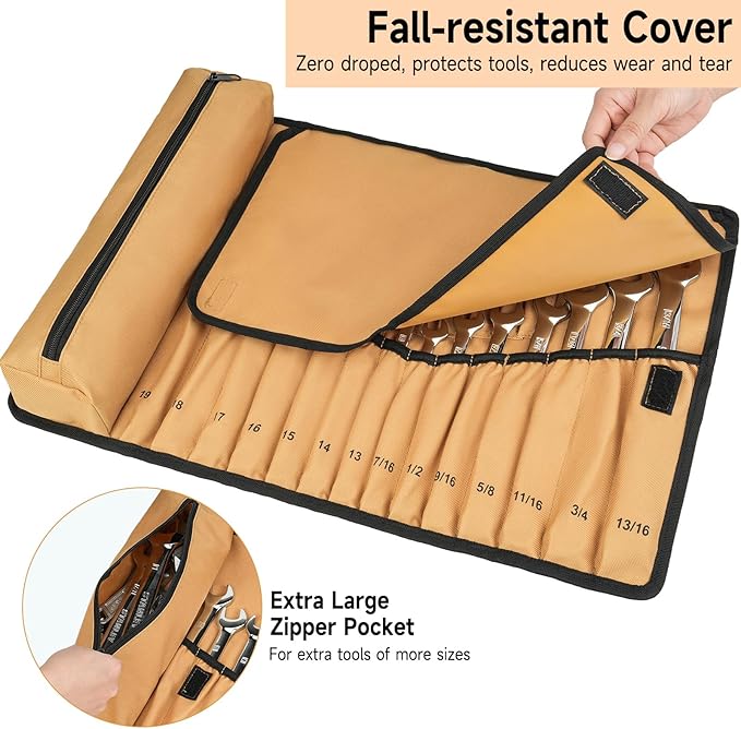 Wrench Roll Organizer (NOT for Ratcheting Wrench),Wrench Roll Up Pouch with 23+1 Pockets,Heavy Duty Tool Roll for Metric & SAE Wrenches,Large Wrench Holder Organizer Bag for Men,Mechanics(Brown)
