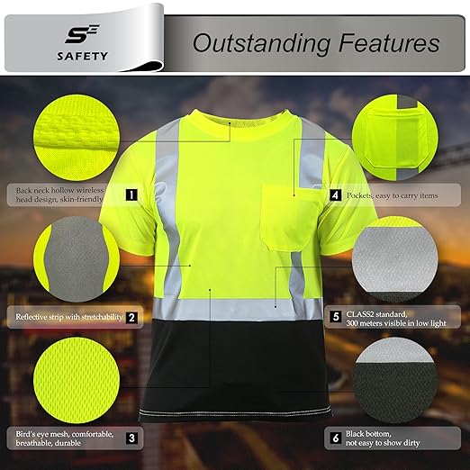 sesafety Hi Visibility Shirts for Men, Safety Shirts with Reflective Strips Class 2, Hi Vis Construction Work Shirt with Pocket Yellow 3XL