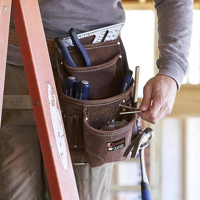 Supreme Leather Tool Pouch for Construction Carpenter Tool Bag Electrician's Pouch | 10 Pockets 2 Stainless Steel Hammer Holders Top Grain Leather Bag