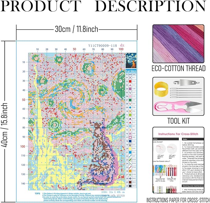 RLTXBUK Cat Cross Stitch Kits, Starry Night Orange Kitten Stamped Counted Cross - Image 2
