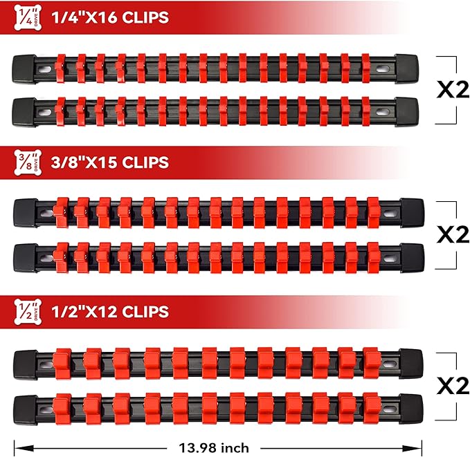 ALOANES 12 PC ABS Socket Organizer,1/2 inch, 3/8 inch, and 1/4 inch Drive Socket Rail Holders, Heavy Duty Socket Racks, Black Rails with Red Clips