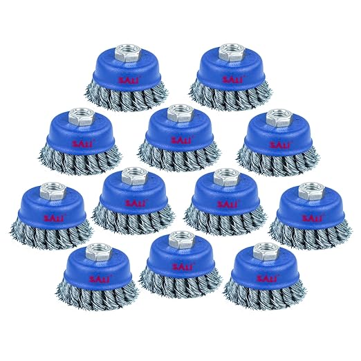 SALI 12 Pack Wire Cup Brush, 3 Inch Twisted Knotted Cup Brush for Grinders, with 5/8-11 Inch Arbor for Heavy Cleaning Rust, Stripping and Abrasive, for Angle Grinder