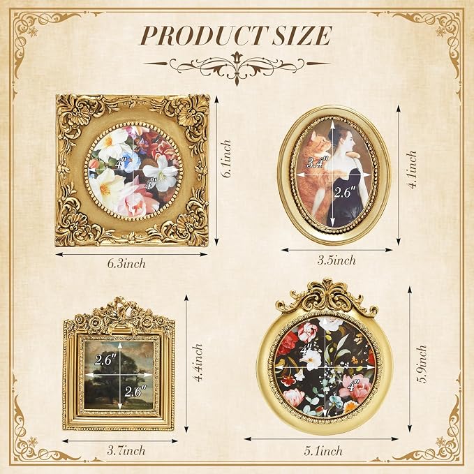 Qunclay Vintage Mini Picture Frames Set of 4, Round Rectangle Ornate Small - Image 2