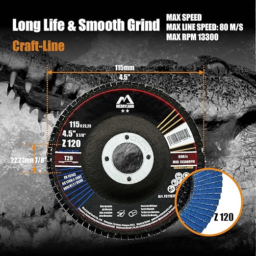 Merryland Flap Disc 4 1/2 inch Metal for Angle Grinder, 4.5inch 120 Grit T29 Flap Wheel 10 Pack, Blue Zirconium Corundum INOX Stainless Steel Iron Universal, Craft-Line FC1107614-10