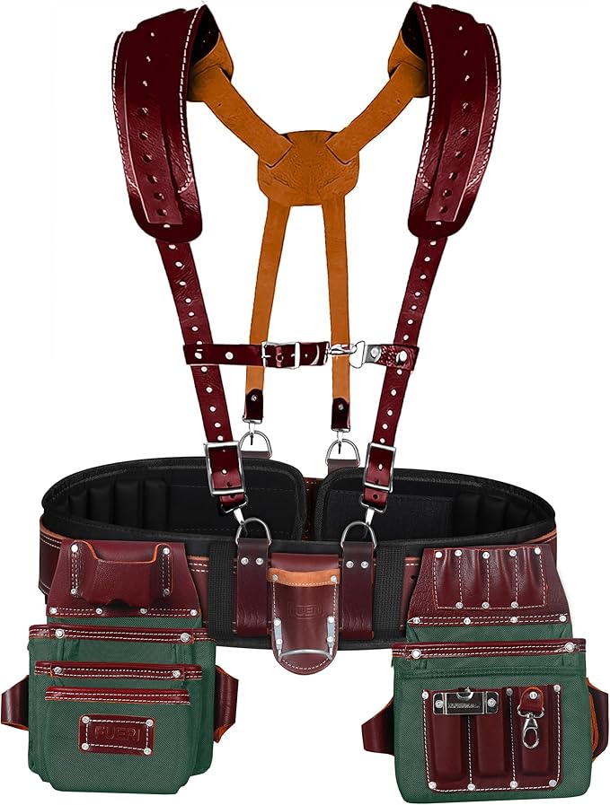 FUERI Nylon Leather Tool Belt Suspender Men Heavy Duty 26 Pocket Tools Bags Pouches Holder Organizer for Carpenter Construction Electrician Framer (Green & Maroon Tool Belt Set, Large 36" - 42")