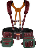 FUERI Nylon Leather Tool Belt Suspender for Men Heavy Duty 26 Pocket Tools Bags Pouches Holder Organizer for Carpenter Construction Electrician Framer (Green & Maroon Tool Belt Set, Medium 30" - 36")