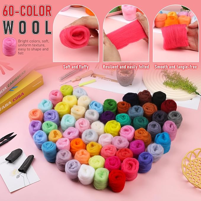 JUPEAN Needle Felting Kits, 60 Colors Wool Roving, Wool Felting Kit - Image 3
