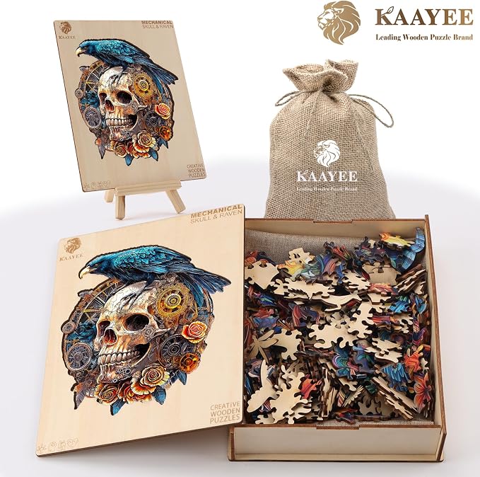 KAAYEE Wooden Puzzles for Adults, 3D Visual Effect Raven & Mechanical Skull - Image 6
