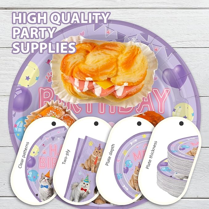 168 Pcs Purple Cat Birthday Party Decorations, Serves 24 | Cat Themed Birthday - Image 3