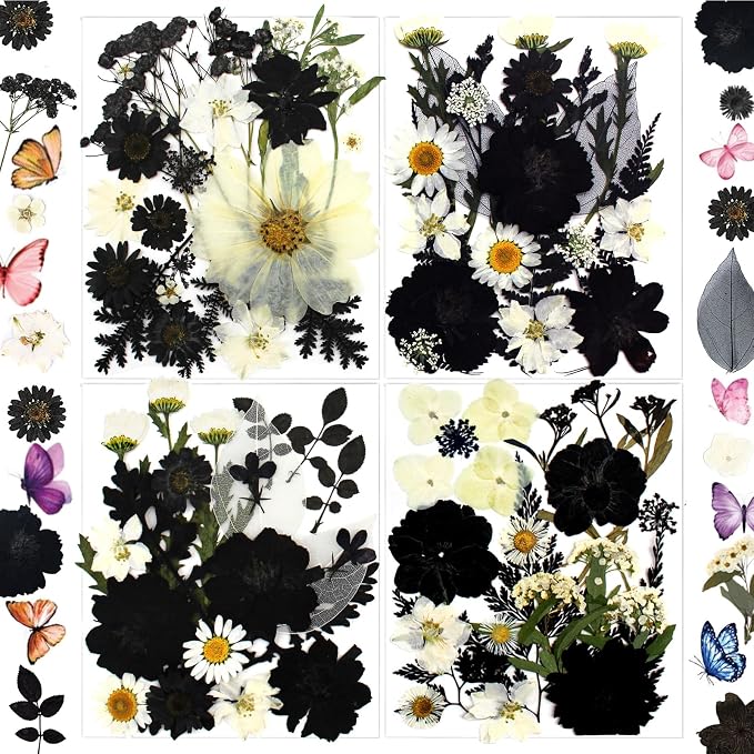 132Pcs Black Pressed Dried Flowers and Butterfly by LUCISKY