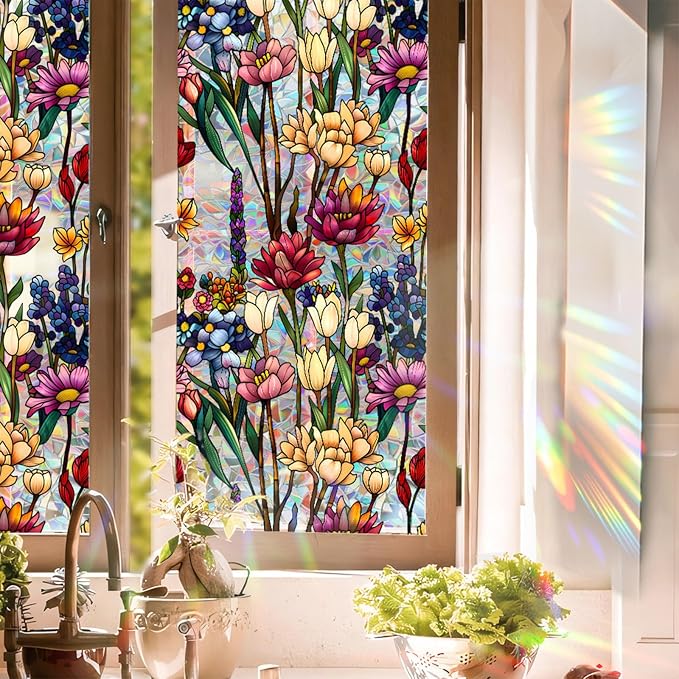 Stained Glass Window Film UV Resistant Window Privacy Film Colorful Flowers by Aomkmi