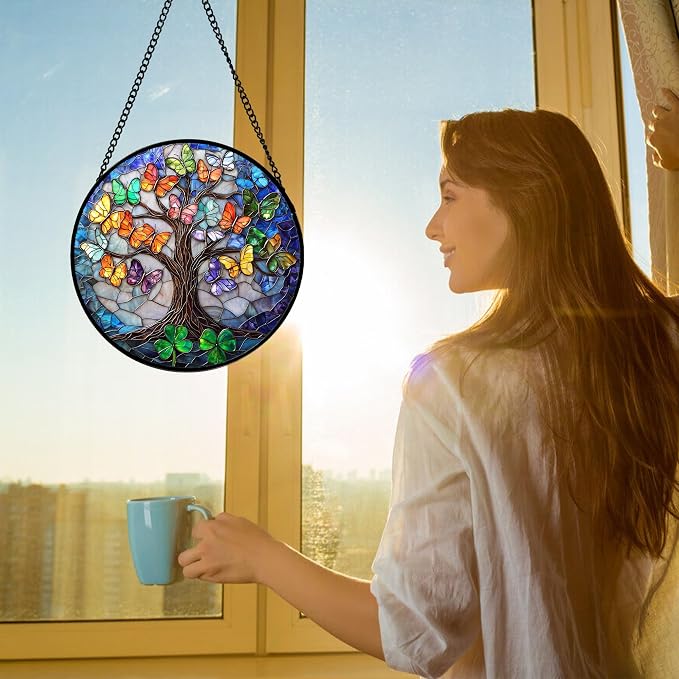 DASTOLL Stained Glass Window Hanging, Butterfly Tree Clover Sun Catchers Glass - Image 3