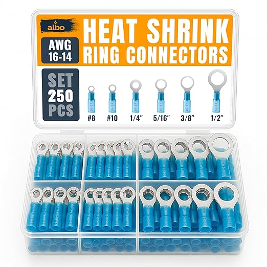 250PCS Blue Heat Shrink Ring Terminal Kit – 16-14 AWG Wire Terminal Connectors Assortment, 6 Sizes (#8, #10, 1/4", 5/16", 3/8", 1/2") – Waterproof Tinned Copper Electrical Ring Connectors