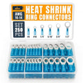 250PCS Blue Heat Shrink Ring Terminal Kit – 16-14 AWG Wire Terminal Connectors Assortment, 6 Sizes (#8, #10, 1/4", 5/16", 3/8", 1/2") – Waterproof Tinned Copper Electrical Ring Connectors