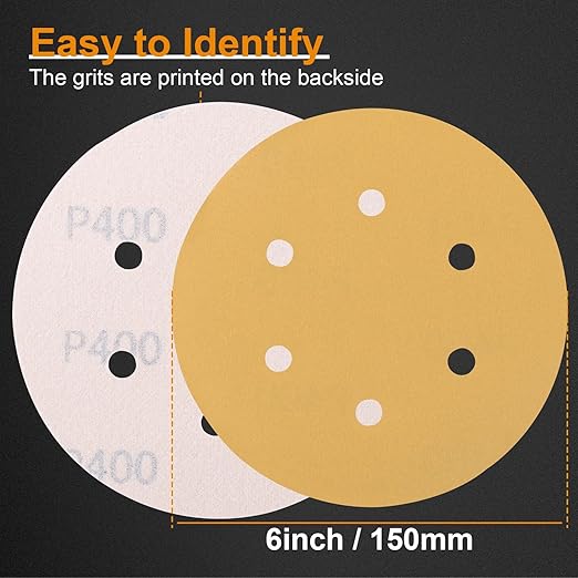 100 PCS 6 Inch Sanding Discs 400 Grit, 6 Hole Hook and Loop Round Sandpaper for Random Orbital Sander