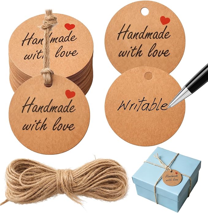 50 Pcs Handmade with Love Tags, Gift Tags with Jute String Small Round Brown by Unknown