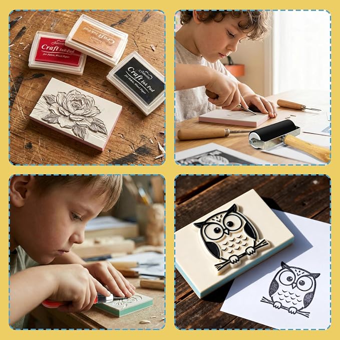 17 Pack Linoleum Block Stamp Making Kit, 3 Ink Pads, Brayer Roller & 6 Type - Image 7
