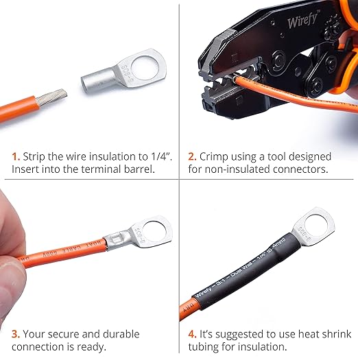 Wirefy 120 PCS Tinned Copper Wire Lugs Kit - Battery Lugs - Crimp Battery Cable Ends - Ring Terminals - 10-4 Gauge