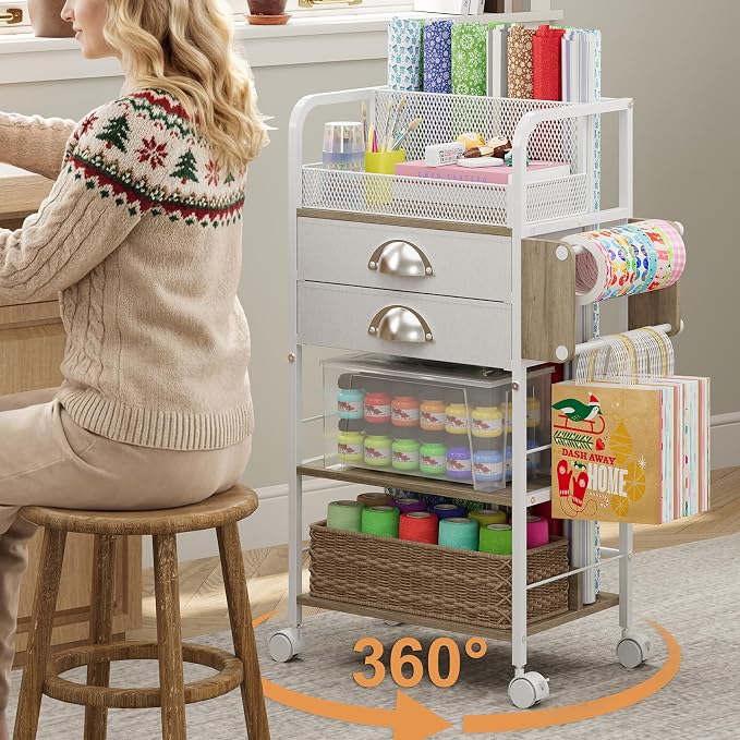Rolling Wrapping Paper Storage Cart Organizer White | 16.54×11.4×32.68 in - Image 7
