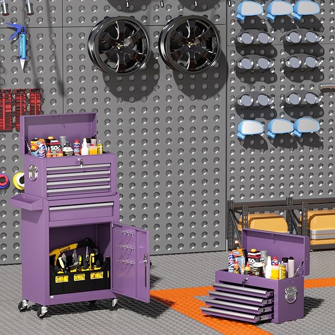 INTERGREAT Purple Tool Chest, 5-Drawer Rolling Storage Cabinet, Detachable Top Tool Box - Lockable Wheels, Garage & Workshop Barbershop Tool Cart