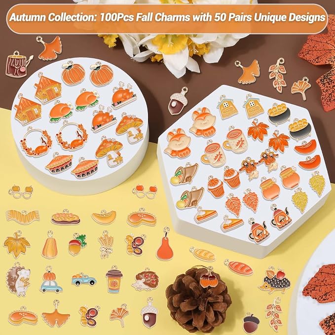 100Pcs 50 Pairs Fall Charms for Jewelry Making and Bracelets, Thanksgiving - Image 2