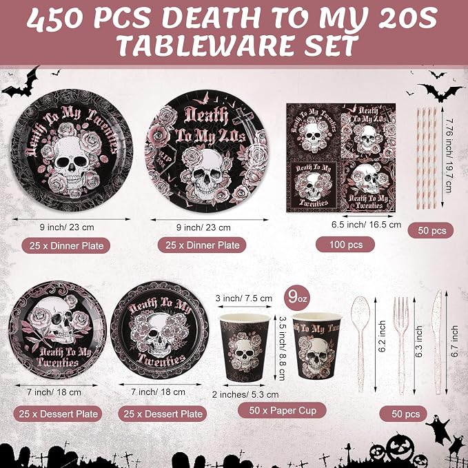 450 Pcs Death to My 20s Tableware Set Rose Gold Black 30th Birthday Party - Image 2