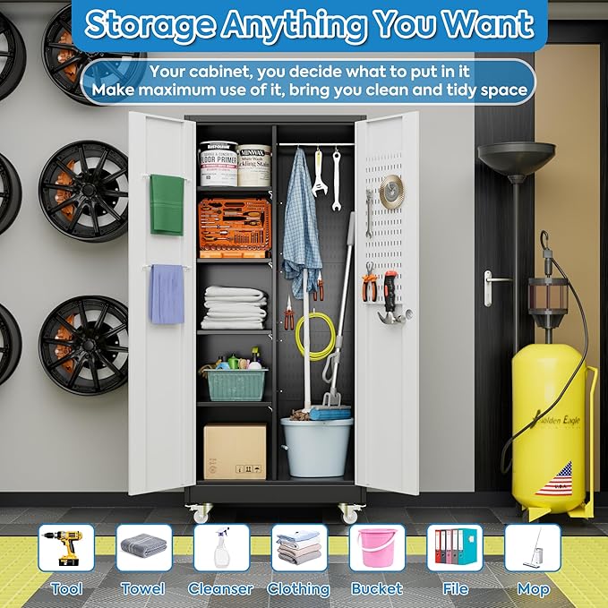 Broom Closet Storage Cabinet with Hanging Rod, 71" H Metal Garage Storage Cabinet with Wheels and 4 Adjustable Shelves, Locking Broom Closet with 13 Hooks for Garage, Bathroom, Home