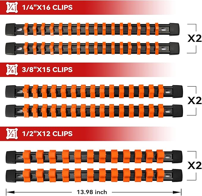 ALOANES 12 PC ABS Socket Organizer,1/2 inch, 3/8 inch, and 1/4 inch Drive Socket Rail Holders, Heavy Duty Socket Racks, Black Rails with Orange Clips
