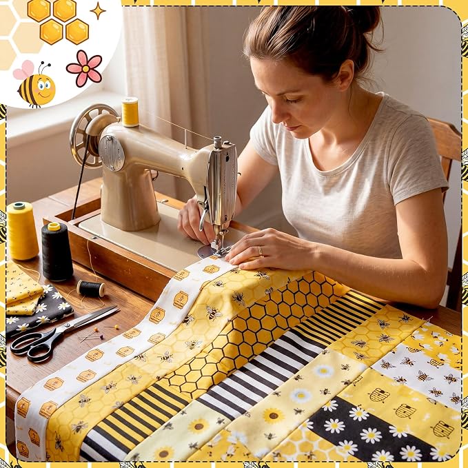 Hosuly 40 Pcs Bee Quilting Fabric Honey Bee Daisy Honeycomb Sunflower Quilting - Image 3