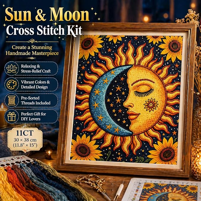 WYBQFDJ Sunflower Sun & Moon Beginner Cross Stitch Kit, 11.8 x 15 in | - Image 7