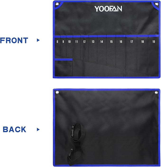 YOOFAN Wrench Roll Up Pouch – Wrench Organizer with 12+1 Pockets, Wrench Bag with Handle, Wrench Holder for Hanging, Blue – Metric