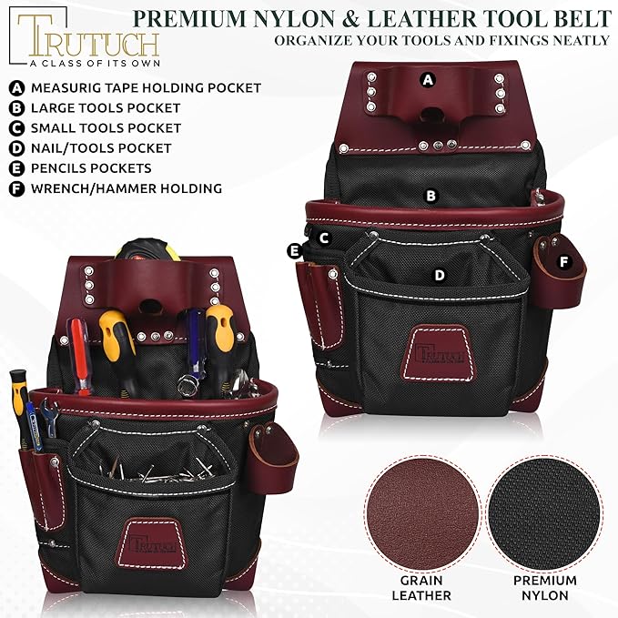 Nylon and Leather Tool Belt | Framing Tool Bags | Leather Tool Belts | Nylon Tool Pouch | Carpenter Tool Belt | Construction | Framers | Electrician (Black)