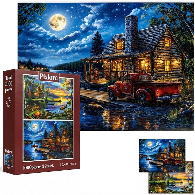 Puzzles for Adults 1000 Pieces, 2 Pack Unique 1000 Piece Lake and Night View by pixlora