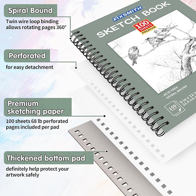 FIXSMITH 9"X12" Green Sketch Book, 400 Sheets Spiral Sketchbook, Acid Free - Image 3