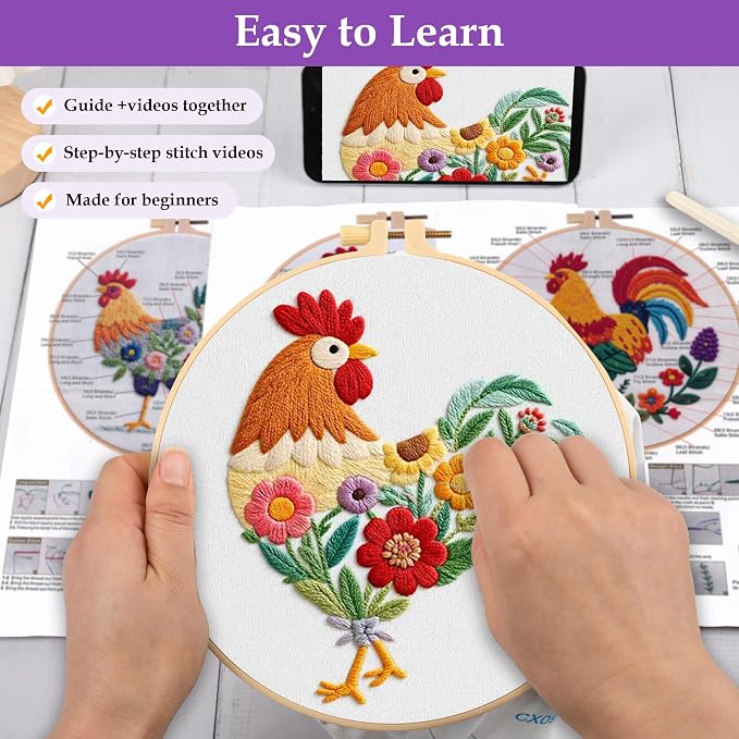 Uniartfy 3 Pack Funny Rooster and Flower Embroidery Kits - Image 3