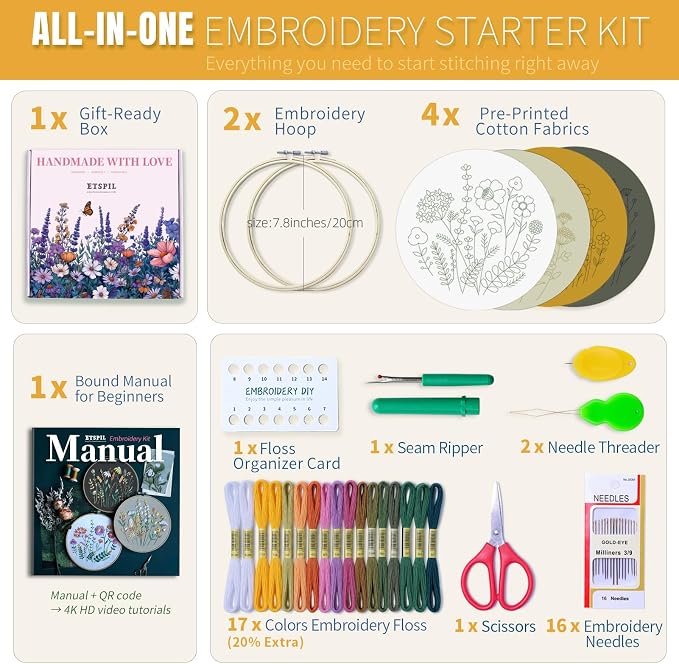 ETSPIL Embroidery Kit for Beginners, 2 Hoops, 4K Video, 4 Floral Patterns | - Image 3