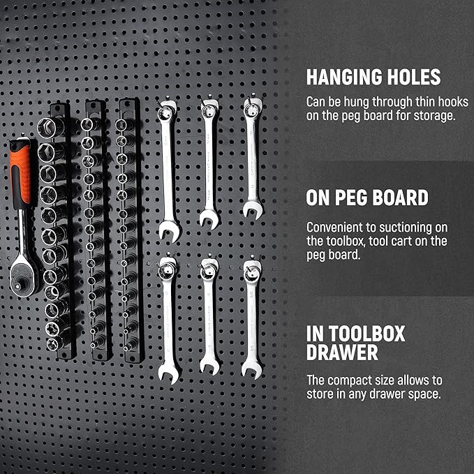 ALOANES Magnetic Socket Organizer, 3/8-Inch Drive Aluminum Socket Holder Socket Tray, Heavy Duty Socket Rail Organizer for Tool Box Drawer, 360°Swivel Clips Socket Rack 3/8-Inch x 14 Clips (Black)