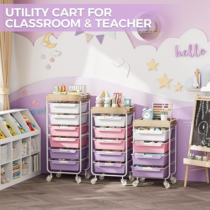 SYKIARIOL Utility Cart with 6 Labeling Drawers and Wooden Tabletop – Rolling - Image 5