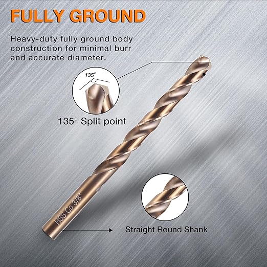 15Pcs Cobalt Drill Bit Set (1/16"-3/8"), M35 High Speed Steel, Twist Jobber Length for Hardened Metal, Stainless Steel, Cast Iron, Wood, and Plastics, with Index Storage Box