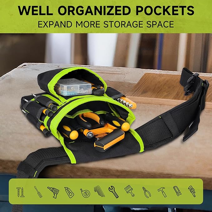 Tool Belt,Magnetic Tool Pouch,27-Pockets Heavy Duty Padded Tool Belts for Men,Detachable & Adjustable Tool Pouch Bag for Electrician,Carpenter,Construction,Work Apron,Utility Belt,Black,Green