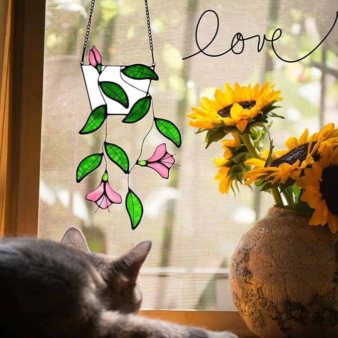 Plants Flower Stained Glass Window Hanging, Artificial Plants Sun Catchers - Image 6