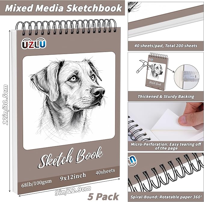 5 Pcs Sketch Book Bulk 9 x 12 in 200 Sheets Top Spiral Bound Sketch Pad Drawing - Image 2