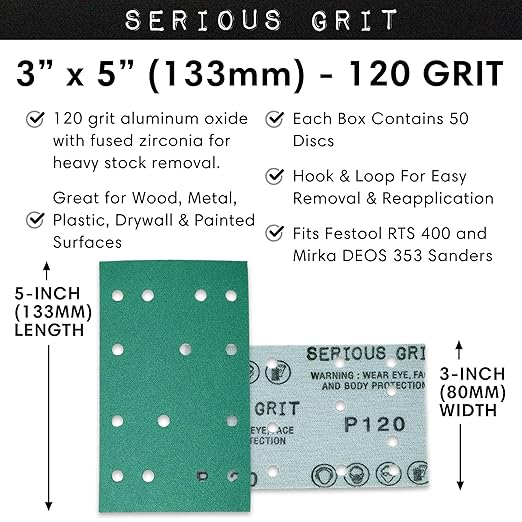 3" x 5" (80mm x 133mm) 14-Hole 120 Grit Sanding Sheets - Fits Festool RTS 400 & Mirka Deos 353 - Heavy-Duty Hook & Loop Film Abrasives - Sandpaper for Sheet Sanders - 50 Pack Box