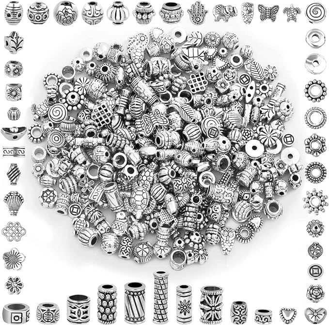 350 Pcs Silver Spacer Beads for Jewelry Making, Mixed Bulk Random Styles Metal by cridoz