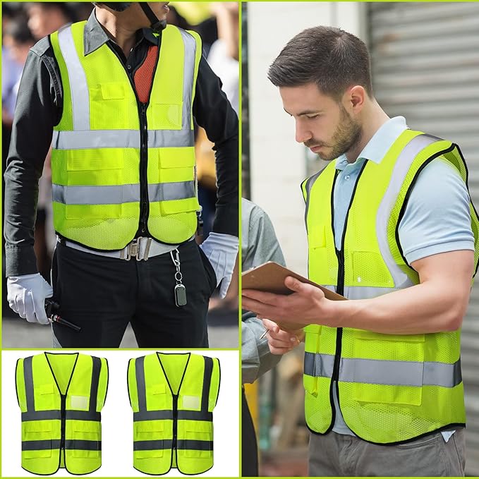 JaGely 50 Pack Reflective Safety Vests with Pockets, High Visibility Mesh Construction Vest for Men Women, Neon Yellow, Size L
