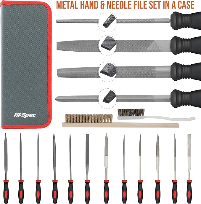 Hi-Spec 18 Piece Metal Hand & Needle Files Tool Set Kit. Large & Small Mini T12 Carbon Steel Diamond Flat, Half, Round, Triangle Files for DIY, Wood and Crafts. Complete in a Zipper Case with Brushes