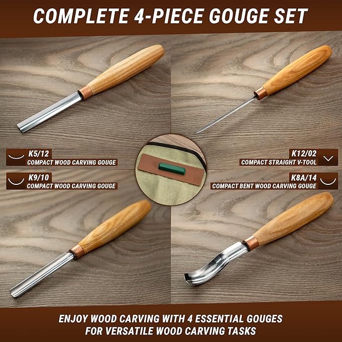 BeaverCraft Wood Carving Gouges Chisels Kit SC01 - Wood Spoon Carving Chisel Set - Whittling Tools Includes Radial Gouges, Flat Chisel, Bent Gouge, Leather Strop & Rolling Pouch