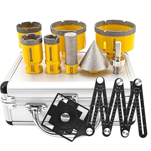 HIGHDRIL Multi Angle Measuring Ruler 5-Hole Drill Locator & Diamond Drill Bit Kit 5/8-11 for Porcelain Tile Ceramic Marble Brick Hole Saw(25/35/45/65/75mm+20mm Finger Bits+50mm Beveling Chamfer Bit)