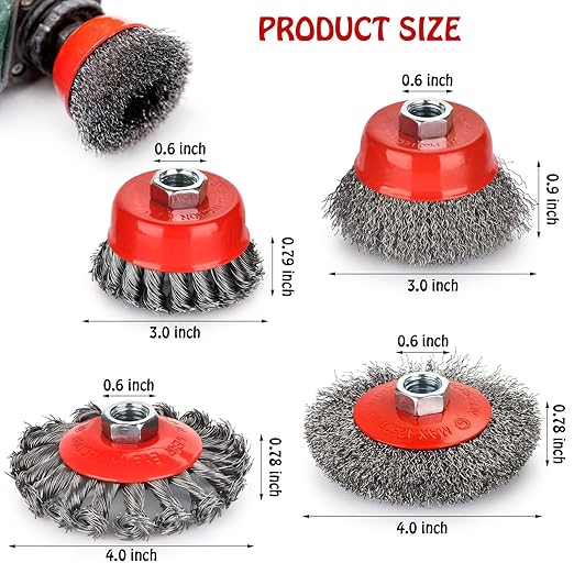 4 PCS Wire Wheel Brush for Angle Grinder, 4” Wheel Brushes, 3” Cup Brush Set for 4 1/2 Grinders, 5/8 -11 Threaded Arbor, 0.020In Twisted Knotted Carbon Steel for Removal Rust