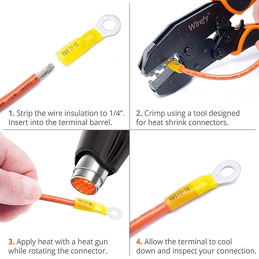 Wirefy 90 PCS Heat Shrink Ring Terminals #10 - a Resistant Ring Connectors - Eyelet Wire Connectors - Yellow 10-12 AWG